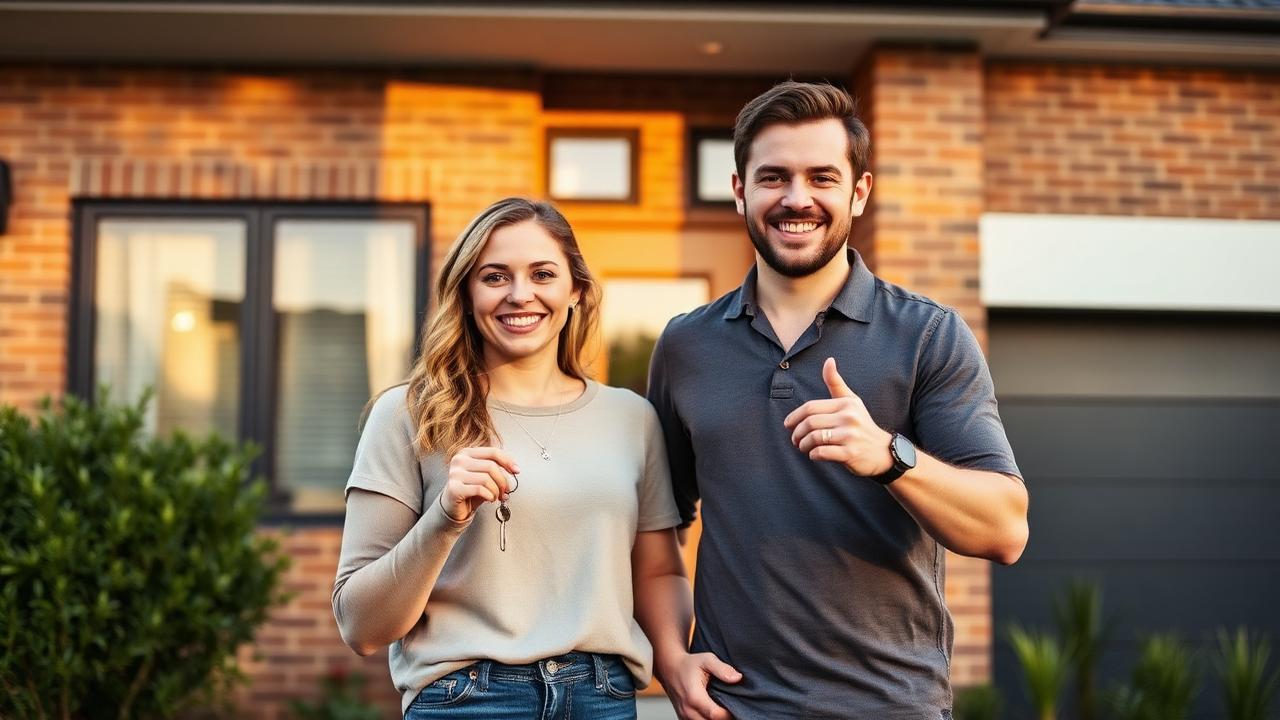 Happy Australian couple holding the keys to their new home